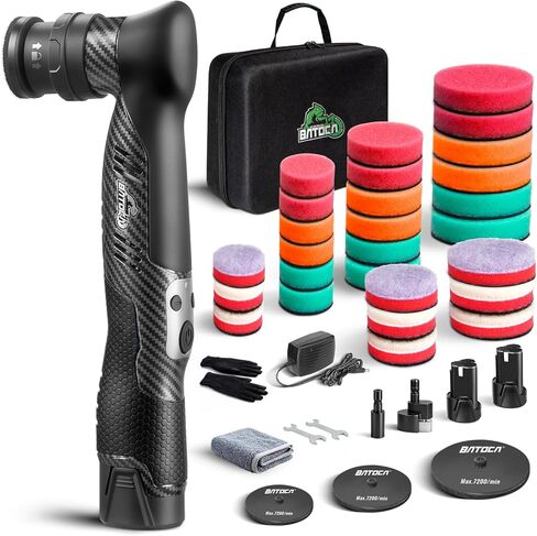BATOCA S5 Cordless Mini Car Polisher Buffer Machine Dual Action & Rotary Mini Polishing Machine 1x 12V 2A Battery with 1inch 3inch Polishing Pads Kit for Car Motorcycle Deatiling Polish Buffing Clean in Kuwait