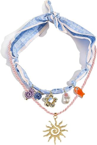 2Pcs Scarf Necklace with Charm Fish Conch Flower Pendants Charm Layered Necklaces Scarf Boho Summer Beach Jewelry Gift for Women in Kuwait