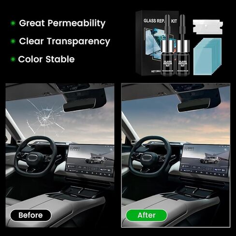 Windshield Crack Repair Kit,2025 Upgrade 2 Bottles Windshield Chip Repair Kit Nano Glass Repair Liquid for Chips,Cracks,Bulls-Eye,Star-Shape Cack (Black) in Kuwait
