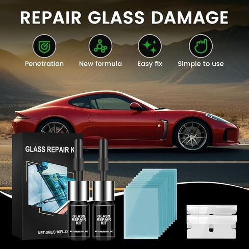 Windshield Crack Repair Kit,2025 Upgrade 2 Bottles Windshield Chip Repair Kit Nano Glass Repair Liquid for Chips,Cracks,Bulls-Eye,Star-Shape Cack (Black) in Kuwait
