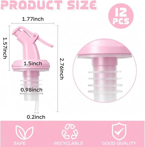 12 عبوة من سكب المشروبات الكحولية ذات فوهة وردية لفم الزجاجة مقاس 19-20 مم، فوهات صب النبيذ البلاستيكية الوردية، موزعات زيت قابلة لإعادة الاستخدام لشراب زيت الزيتون الكحولي لإكسسوارات البار المنزلي in Kuwait