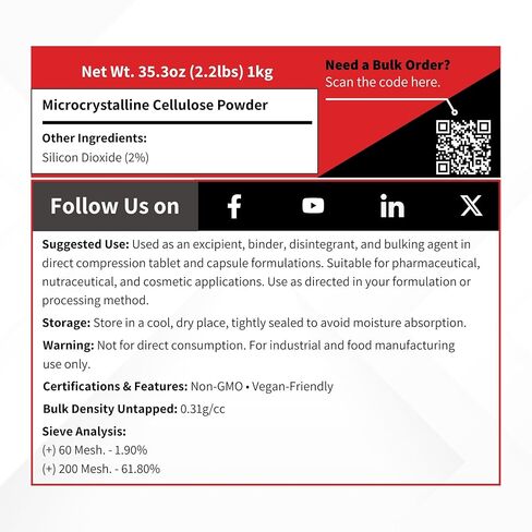 مسحوق السليلوز الجريزوفولفين (SMCC) - 1 كجم (2.2 رطل) - USP-NF Grade MCC ومزيج ثاني أكسيد السيليكون لمسحوق الضغط المباشر in Kuwait