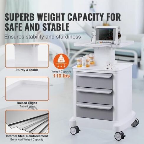 4 Tiers Lab Carts Mobile Medical Cart with 3 Drawers & 1 Top Tray White in Saudi Arabia