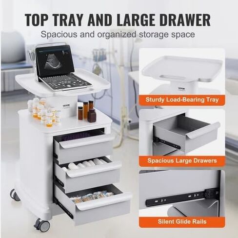4 Tiers Lab Carts Mobile Medical Cart with 3 Drawers & 1 Top Tray White in Saudi Arabia