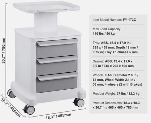 4 Tiers Lab Carts Mobile Medical Cart with 3 Drawers & 1 Top Tray White in Saudi Arabia
