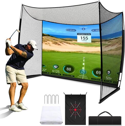 Golf Net, 11x8ft Golf Simulator Hitting Net with Impact Screen and Target Cloth, Heavy Duty Spacious Practice Cage for Swing Driving, Home Backyard Garage Indoor Outdoor Use in Kuwait