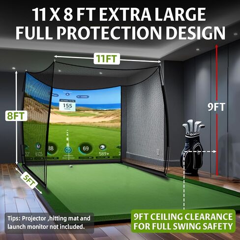 Golf Net, 11x8ft Golf Simulator Hitting Net with Impact Screen and Target Cloth, Heavy Duty Spacious Practice Cage for Swing Driving, Home Backyard Garage Indoor Outdoor Use in Kuwait