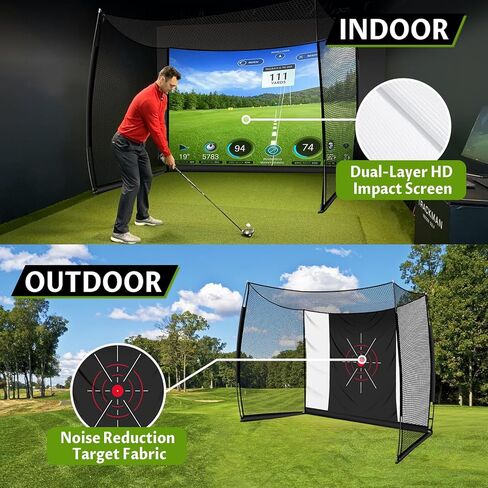 Golf Net, 11x8ft Golf Simulator Hitting Net with Impact Screen and Target Cloth, Heavy Duty Spacious Practice Cage for Swing Driving, Home Backyard Garage Indoor Outdoor Use in Kuwait