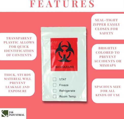 Pack of 100 – 6 x 9 Inch, 2 Mil Thick, Biohazard Clear Bags with Red Biohazard label and Pouch for Documentation – Use in Clinics, Medical Facilities, Health Care Facilities, or Laboratories in Kuwait