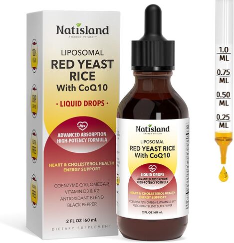 Liposomal Red Yeast Rice with Coq10 Liquid Drops, Red Rice Yeast 1200mg for Cholesterol Support, with Citrus Bergamot, Omega-3 & Astaxanthin for Heart Health, Vegan, Blueberry, 2 FL OZ in Kuwait