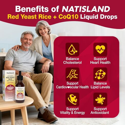 Liposomal Red Yeast Rice with Coq10 Liquid Drops, Red Rice Yeast 1200mg for Cholesterol Support, with Citrus Bergamot, Omega-3 & Astaxanthin for Heart Health, Vegan, Blueberry, 2 FL OZ in Kuwait