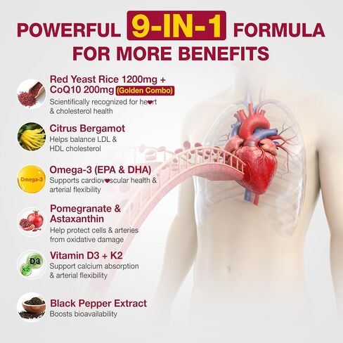 Liposomal Red Yeast Rice with Coq10 Liquid Drops, Red Rice Yeast 1200mg for Cholesterol Support, with Citrus Bergamot, Omega-3 & Astaxanthin for Heart Health, Vegan, Blueberry, 2 FL OZ in Kuwait