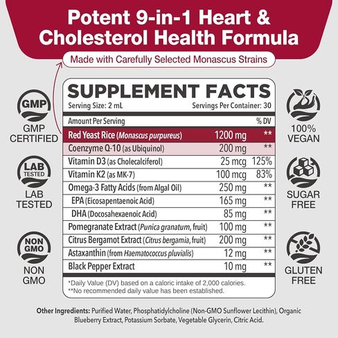 Liposomal Red Yeast Rice with Coq10 Liquid Drops, Red Rice Yeast 1200mg for Cholesterol Support, with Citrus Bergamot, Omega-3 & Astaxanthin for Heart Health, Vegan, Blueberry, 2 FL OZ in Kuwait