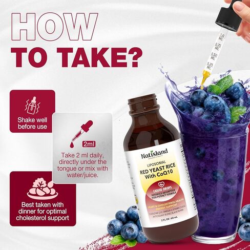 Liposomal Red Yeast Rice with Coq10 Liquid Drops, Red Rice Yeast 1200mg for Cholesterol Support, with Citrus Bergamot, Omega-3 & Astaxanthin for Heart Health, Vegan, Blueberry, 2 FL OZ in Kuwait