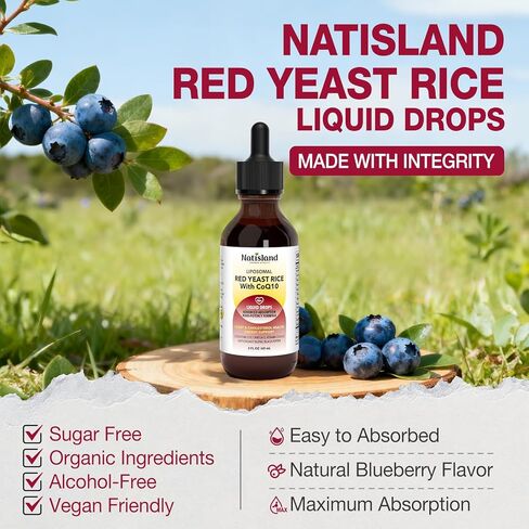 Liposomal Red Yeast Rice with Coq10 Liquid Drops, Red Rice Yeast 1200mg for Cholesterol Support, with Citrus Bergamot, Omega-3 & Astaxanthin for Heart Health, Vegan, Blueberry, 2 FL OZ in Kuwait