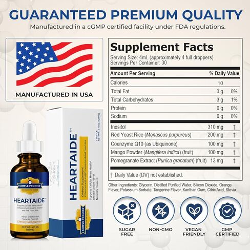 Simple Promise HeartAide - مكمل صحة القلب - أرز الخميرة الحمراء مع CoQ10 (200 مجم و100 مجم) والإينوزيتول - قطرات سائلة لدعم الكوليسترول ودعم القلب والأوعية الدموية - 4 أونصة سائلة، نكهة كريمة البرتقال in Kuwait