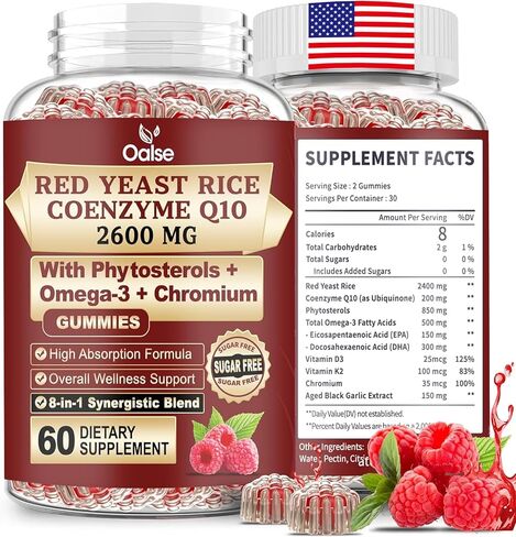 Red Yeast Rice with CoQ10 Gummies,2400mg Red Rice Yeast for Cholesterol*, CoQ10 200mg with Phytosterols, Omega - 3 & Chromium,- 60 Count, Raspberry Flavor for Women & Men in Kuwait