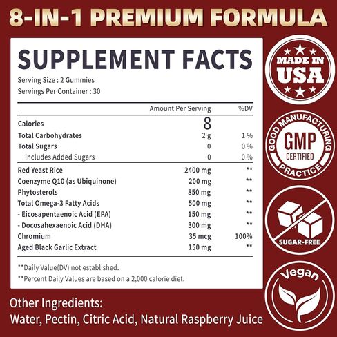 Red Yeast Rice with CoQ10 Gummies,2400mg Red Rice Yeast for Cholesterol*, CoQ10 200mg with Phytosterols, Omega - 3 & Chromium,- 60 Count, Raspberry Flavor for Women & Men in Kuwait