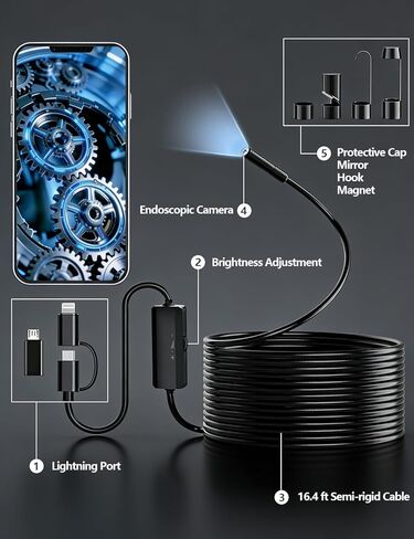 1920P HD Borescope Inspection Camera with 8 Adjustable LED Lights, 16.4FT Semi-Rigid Snake Cable, IP67 Waterproof, Fiber Optic Scope Compatible with iPhone, iPad, Samsung & Android/iOS Devices（5.5mm） in Kuwait