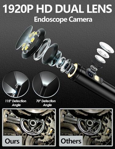 كاميرا منظار مزدوجة العدسات مع ضوء، منظار HD 1920P مع 8 مصابيح LED قابلة للتعديل، سلك ثعبان شبه صلب بطول 16.4 قدم، أداة فحص مقاومة للماء IP68 لهواتف iPhone، Android، السيارات، السباكة، التدفئة والتهوية وتكييف الهواء (7.9 مم) in Kuwait