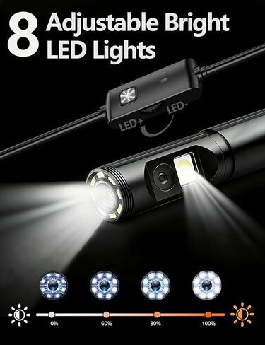 كاميرا منظار مزدوجة العدسات مع ضوء، منظار HD 1920P مع 8 مصابيح LED قابلة للتعديل، سلك ثعبان شبه صلب بطول 16.4 قدم، أداة فحص مقاومة للماء IP68 لهواتف iPhone، Android، السيارات، السباكة، التدفئة والتهوية وتكييف الهواء (7.9 مم) in Kuwait