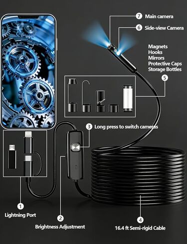 كاميرا منظار مزدوجة العدسات مع ضوء، منظار HD 1920P مع 8 مصابيح LED قابلة للتعديل، سلك ثعبان شبه صلب بطول 16.4 قدم، أداة فحص مقاومة للماء IP68 لهواتف iPhone، Android، السيارات، السباكة، التدفئة والتهوية وتكييف الهواء (7.9 مم) in Kuwait