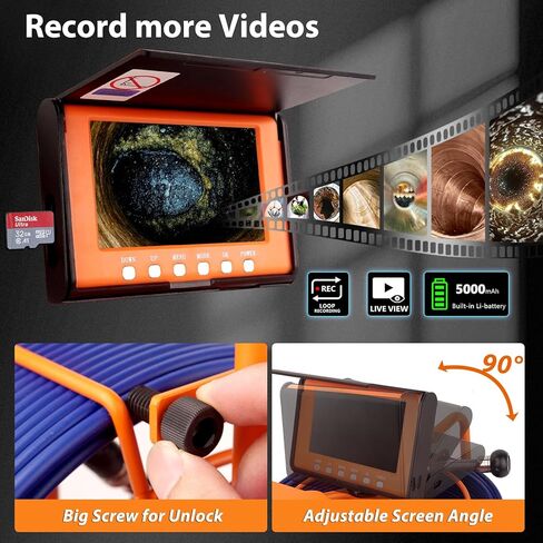 Sewer Camera 100FT/30M Pipe Inspection Borescope Endoscope Camera with Light 6 LEDs 5" IPS Screen 17MM Plumbing Snake 5000 Mah Battery,1080P High-Definition Industrial Sewer Camera in Saudi Arabia