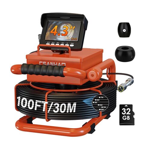 كاميرا الصرف الصحي 100FT/30M Borescopes، كاميرا فحص أنبوب الثعبان، DVR ومسجل صوت 17/22 مم مع بطارية 5600 مللي أمبير، شاشة IPS 4.3 بوصة 12 LED HD 1000TVL 32 جيجابايت (كاميرا 22 مم) in Kuwait