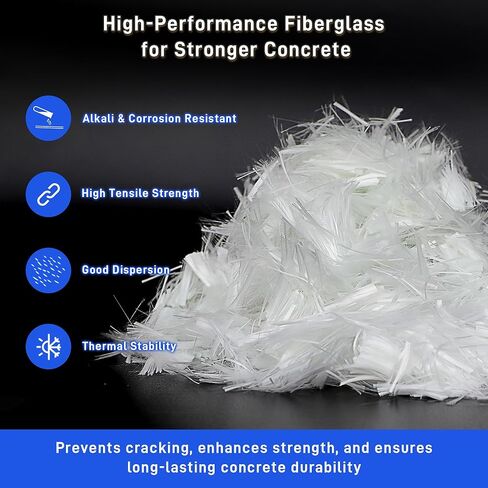 8.8 رطل من الألياف الزجاجية للخرسانة، حبلا من الألياف الزجاجية المقطعة بطول 3/4 بوصة لتعزيز ملاط ​​الجص الأسمنتي، مادة مضادة للتشقق ومضادة للتسرب، مزيج من الألياف الخرسانية المضافة لبناء أرضية الحديقة والجدار in Kuwait