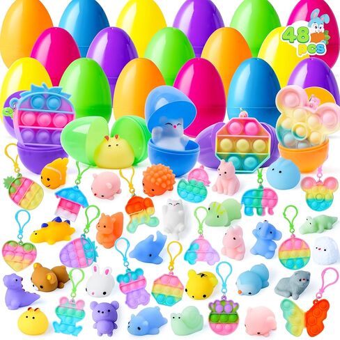 Joyin 48 pcs بيض عيد الفصح مملوءة مسبقًا بألعاب متنوعة ، مملوءة بالموتشي وفقاعة البوب ​​لصيد البيض في عيد الفصح ، حشوات سلة الأطفال ، إمدادات ديكور الحفلات ، جائزة الفصل الدراسي in Kuwait