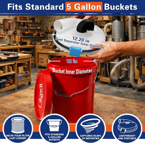 Dust Separator - High-Efficiency Cyclone Dust Separator, Low-Profile Dust Separator for Standard 5 Gallon Buckets, Wet & Dry Debris, Includes 90° Elbows & 2-1/2" Hose in Kuwait