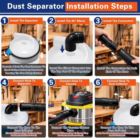 Dust Separator - High-Efficiency Cyclone Dust Separator, Low-Profile Dust Separator for Standard 5 Gallon Buckets, Wet & Dry Debris, Includes 90° Elbows & 2-1/2" Hose in Kuwait