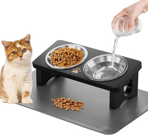 Solid Wood Elevated Cat Bowls with Silicone Food Mat, 15° Tilted Raised Cat Food and Water Dishes, Anti-Vomiting Design, 2 Stainless Steel Bowls for Cats & Small Dogs (Black) in Kuwait
