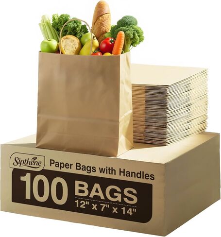 Paper Grocery Bags with Handles (100 Pcs Bulk) 12x7x14 Inches, Large Brown Paper Bags 57 Lbs Basis - Heavy Duty Kraft Paper Sacks for Shopping, Retail, Takeout, To Go in Kuwait