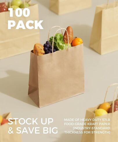 Paper Grocery Bags with Handles (100 Pcs Bulk) 12x7x14 Inches, Large Brown Paper Bags 57 Lbs Basis - Heavy Duty Kraft Paper Sacks for Shopping, Retail, Takeout, To Go in Kuwait