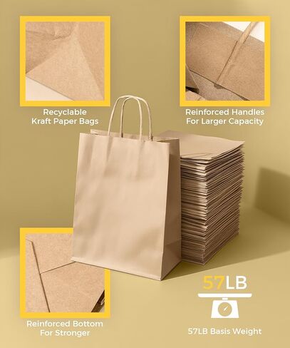 Paper Grocery Bags with Handles (100 Pcs Bulk) 12x7x14 Inches, Large Brown Paper Bags 57 Lbs Basis - Heavy Duty Kraft Paper Sacks for Shopping, Retail, Takeout, To Go in Kuwait