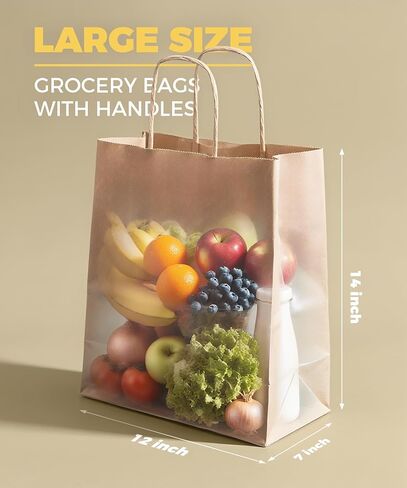 Paper Grocery Bags with Handles (100 Pcs Bulk) 12x7x14 Inches, Large Brown Paper Bags 57 Lbs Basis - Heavy Duty Kraft Paper Sacks for Shopping, Retail, Takeout, To Go in Kuwait
