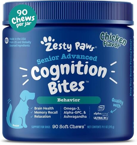 zesty paws الإدراك المتقدم مضغ ناعم للكلاب - مع أوميغا 3 DHA و Ashwagandha & Alpha GPC - لدعم صحة الدماغ والكلاب العليا - ملحق التهدئة والاسترخاء - 90 Count in Kuwait