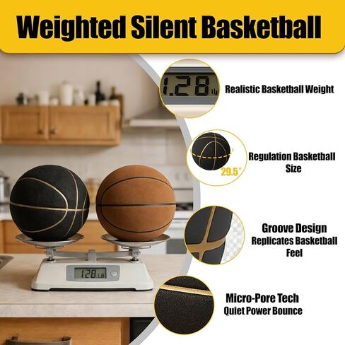 مقاس 7 (29.5 بوصة) كرة سلة صامتة رسمية ذات أخاديد مرجحة، شحن غير مضغوط، رغوة PU احترافية، مثالية للمراوغة الصامتة في الداخل والخارج (1.28 رطل، أسود) in Kuwait