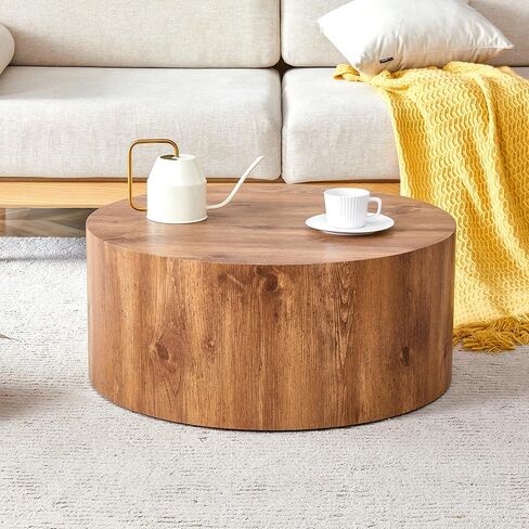 Modern Round Coffee Table, 27.5 x 27.5 x 12 inches, Wooden Drum Style with Anti-Slip Feet, Natural Wood (Wood+MDF1) in Saudi Arabia