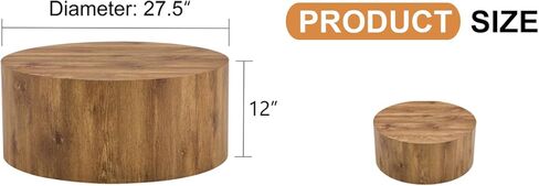 Modern Round Coffee Table, 27.5 x 27.5 x 12 inches, Wooden Drum Style with Anti-Slip Feet, Natural Wood (Wood+MDF1) in Saudi Arabia