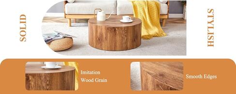 Modern Round Coffee Table, 27.5 x 27.5 x 12 inches, Wooden Drum Style with Anti-Slip Feet, Natural Wood (Wood+MDF1) in Saudi Arabia