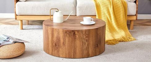 Modern Round Coffee Table, 27.5 x 27.5 x 12 inches, Wooden Drum Style with Anti-Slip Feet, Natural Wood (Wood+MDF1) in Saudi Arabia