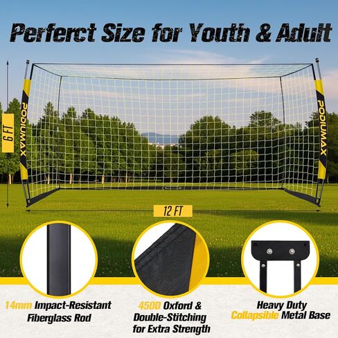 PodiuMax Soccer Goal, 12X6FT Soccer Goals for Backyard Training, Upgraded Collapsible Metal Base, Portable Soccer Goal for Indoor Outdoor, Easy Set Up Soccer Net with 1 Carry Bag & 4 Ground Stakes in Kuwait