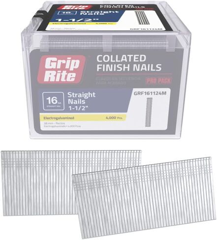 مسامير نهائية مستقيمة مجلفنة كهربائيًا مقاس 16 من Grip-Rite - مثبت مرتب - مسامير فولاذية للتشطيب النهائي والنجارة الدقيقة - 1-1/2 بوصة - 4000 مسمار - GRF161124M in Saudi Arabia