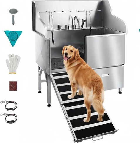 VEVOR Stainless Steel Dog Washing Station, Professional Stainless Steel 50 inch Pet Grooming Tub w/Ramp, Faucet & Showerhead & Leash Dog Bathtub for Large & Medium & Small Pets (Right Door) in Kuwait