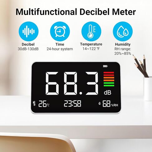 مقياس ديسيبل 5 في 1، مقياس مستوى الصوت الرقمي 30-130 ديسيبل، شاشة LED مقاس 8.5 بوصة، مقياس درجة حرارة سطح المكتب ووقت الضوضاء والرطوبة للفصول الدراسية والاستوديو والمنزل والمصنع in Kuwait