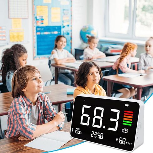 مقياس ديسيبل 5 في 1، مقياس مستوى الصوت الرقمي 30-130 ديسيبل، شاشة LED مقاس 8.5 بوصة، مقياس درجة حرارة سطح المكتب ووقت الضوضاء والرطوبة للفصول الدراسية والاستوديو والمنزل والمصنع in Kuwait