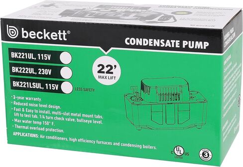مضخة المكثفات Beckett BK222UL مع مفتاح أمان، 230 فولت، أقصى رفع 22 قدمًا، 156 جالونًا في الساعة، تشغيل/إيقاف تلقائي، أسود in Saudi Arabia