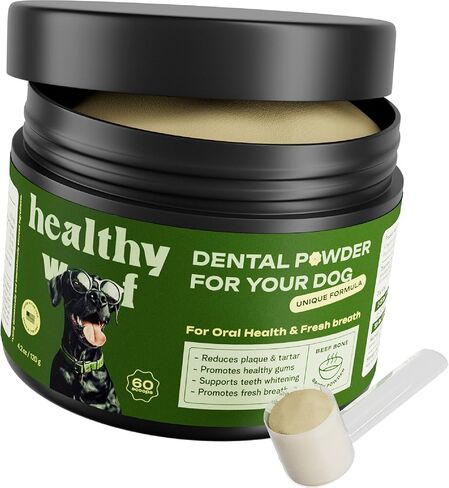 Dental Powder for Dogs - Complete Oral Care Bone Broth, Dog Teeth Cleaning Powder, Tartar Remover, Fresh Breath, Sensitive Stomach Support, No Brush Dental Care, 4.2 oz, 60 Scoops in Kuwait